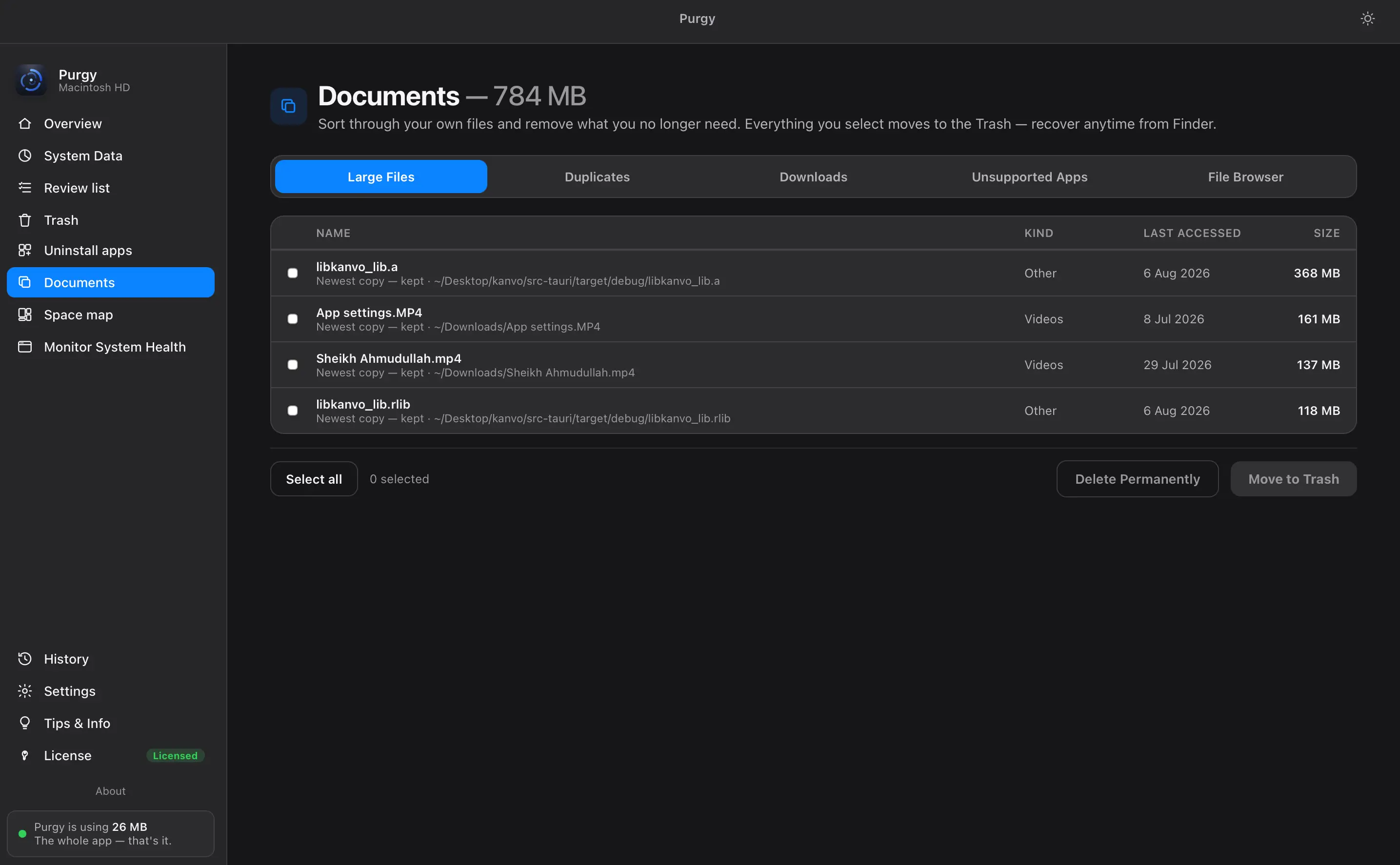Documents screen showing large files, duplicates and stale downloads