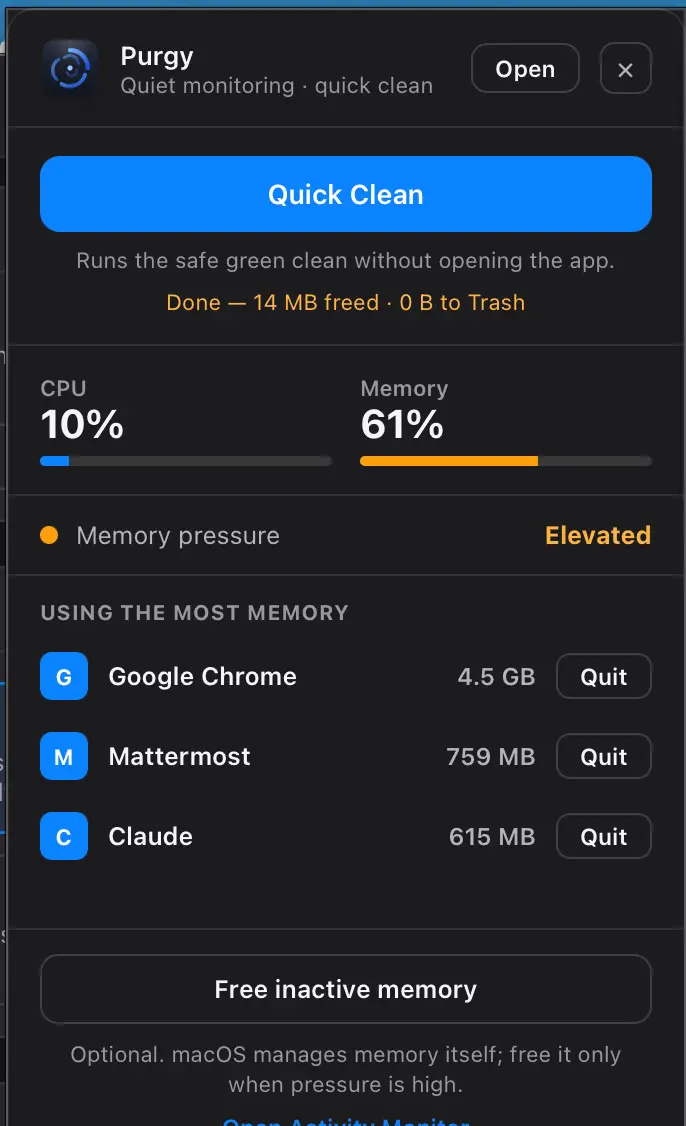 Menu bar popover with quick clean, CPU and memory readings and top processes