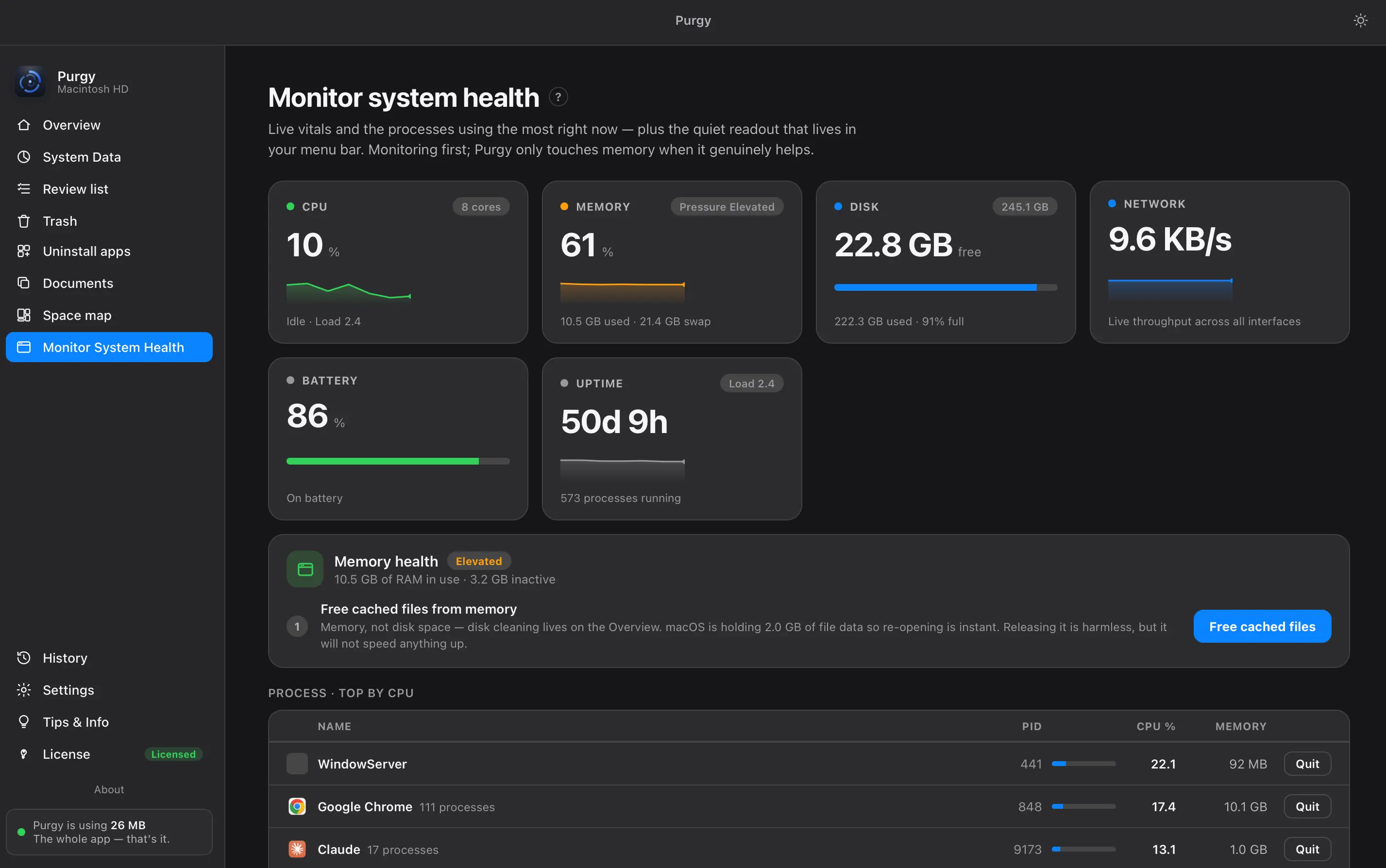 System health monitor with live vitals and the top processes by usage