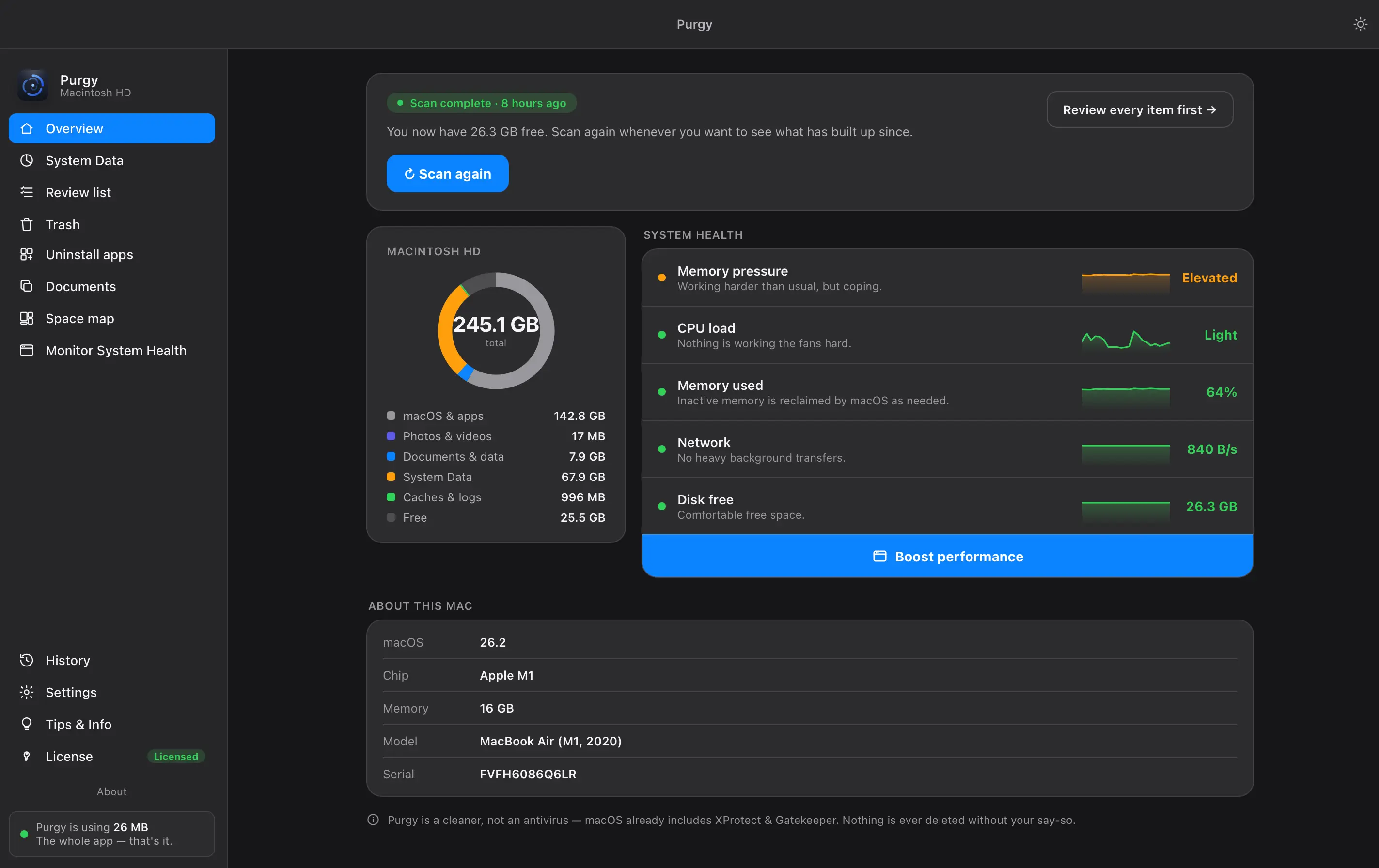 Purgy overview screen after a scan, showing the storage breakdown and system health