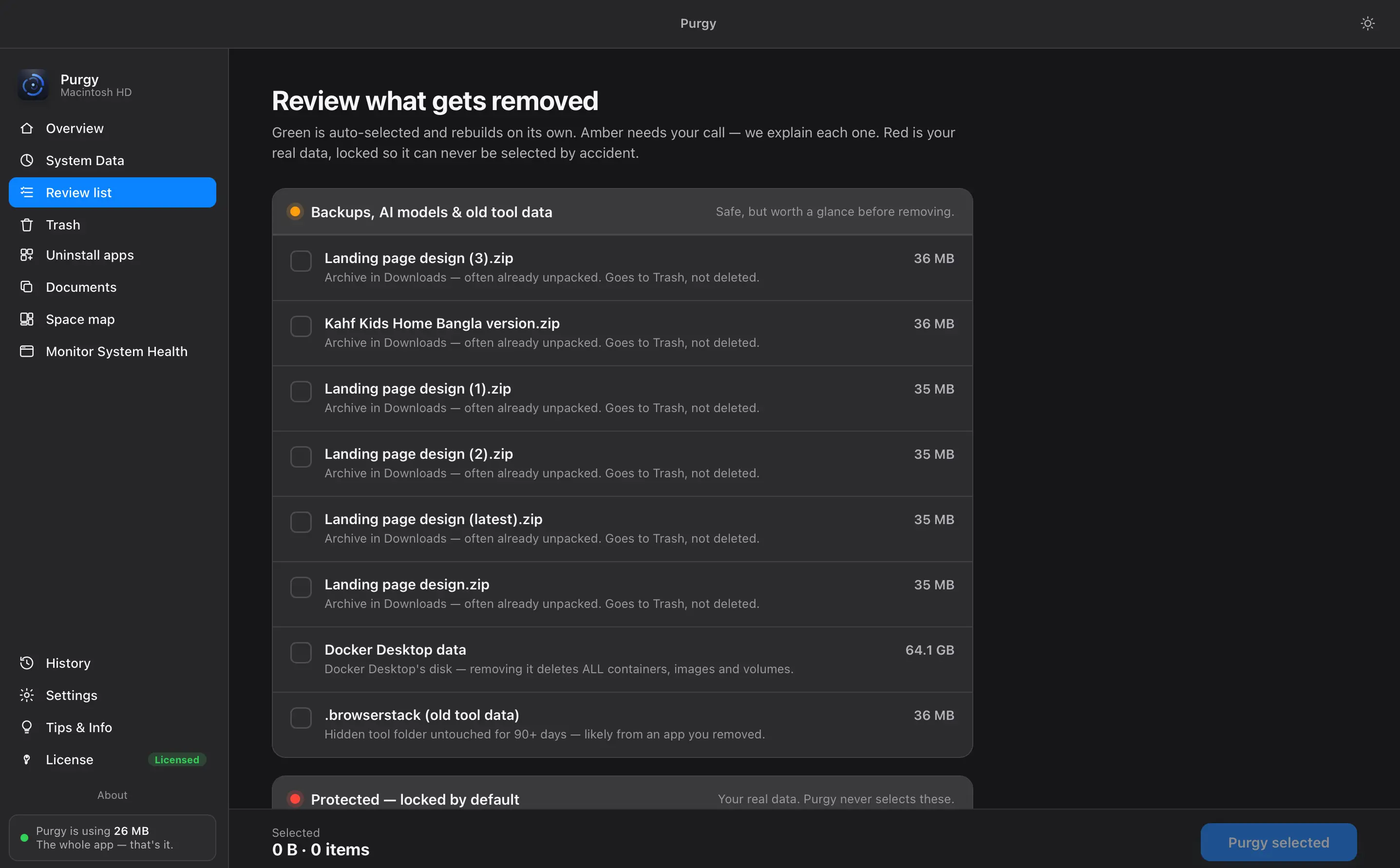 Review list showing every item with its size and the reason it was found