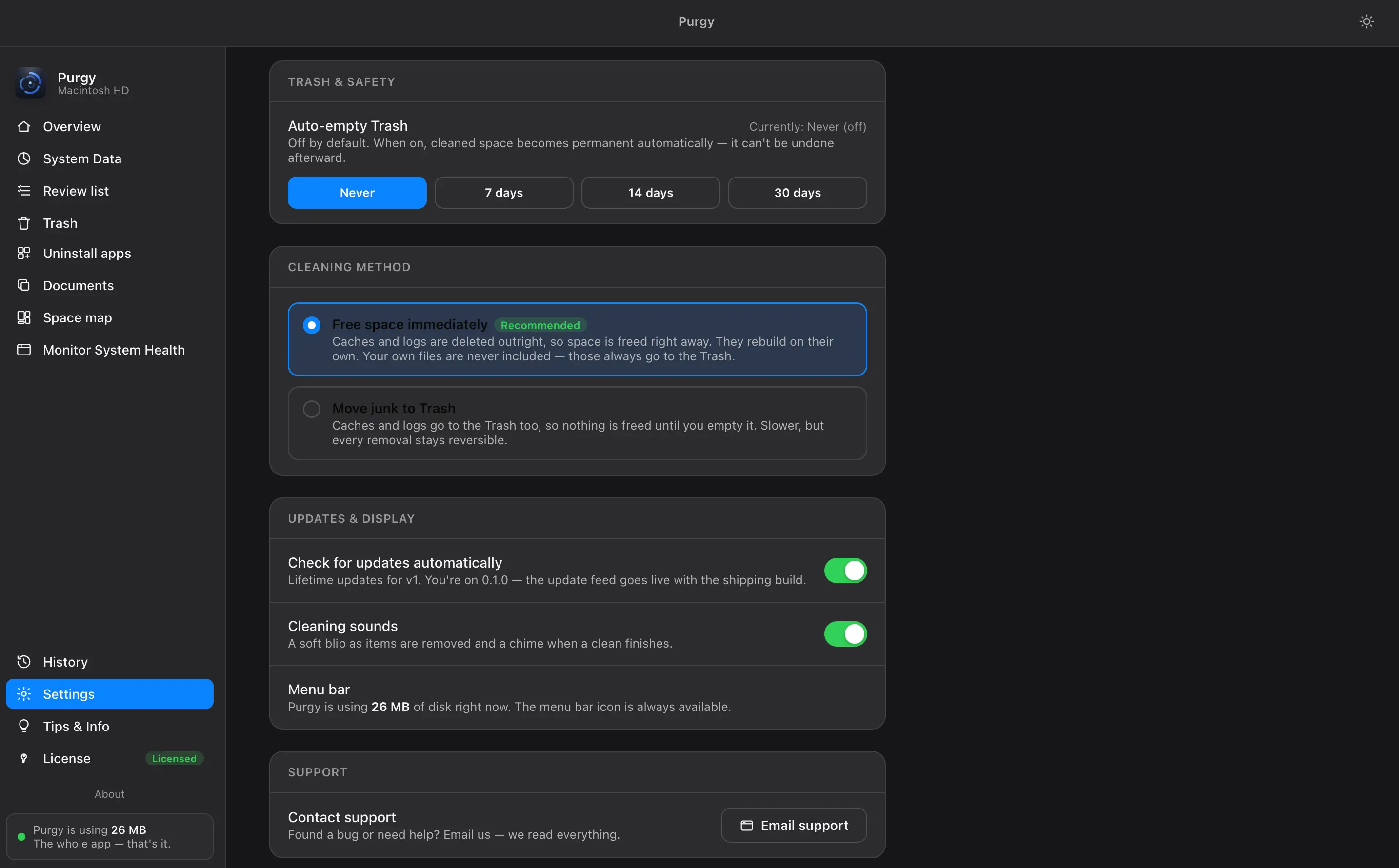 Settings showing the cleaning method, auto-empty and update preferences