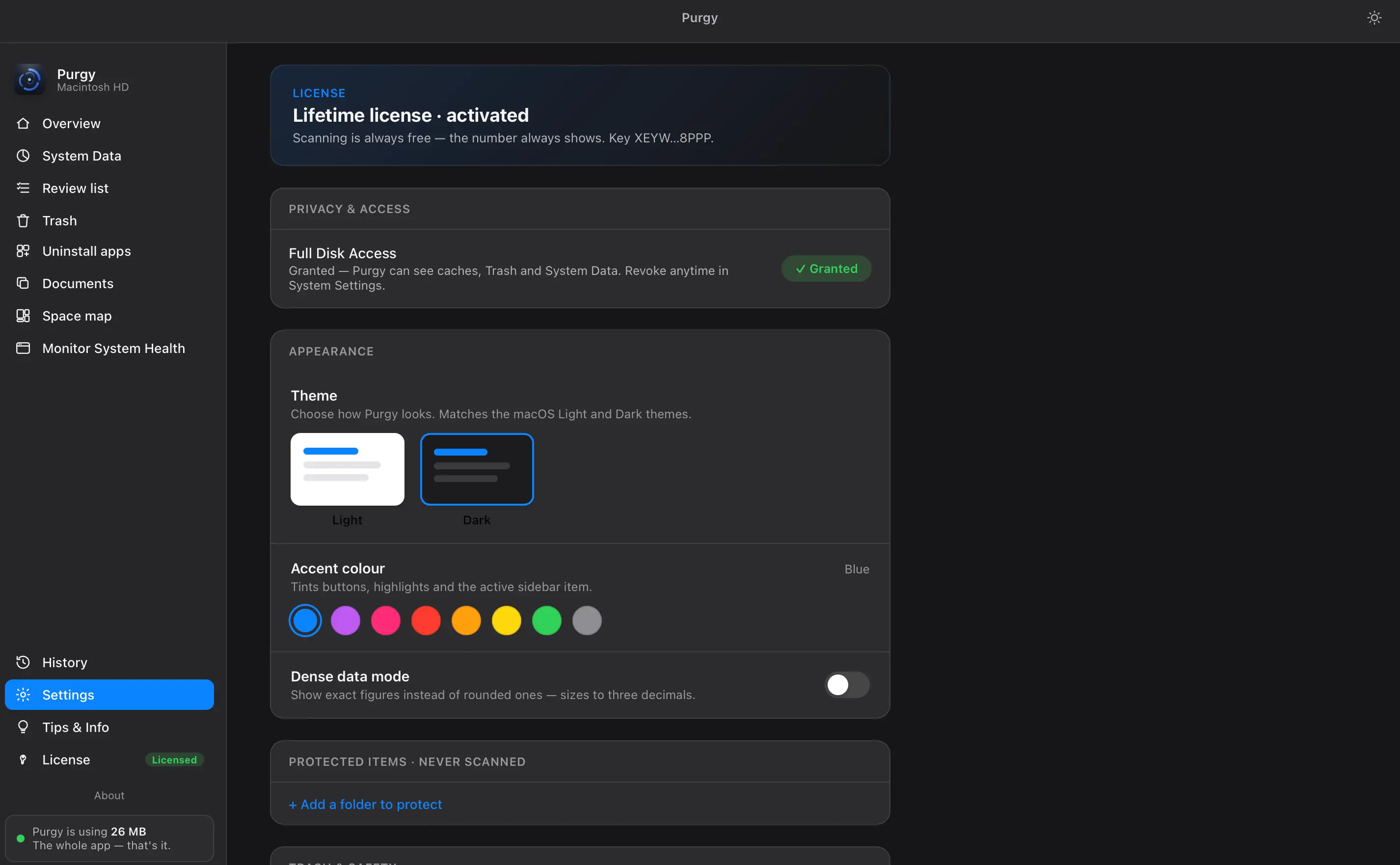 Settings showing license, Full Disk Access, appearance and protected items