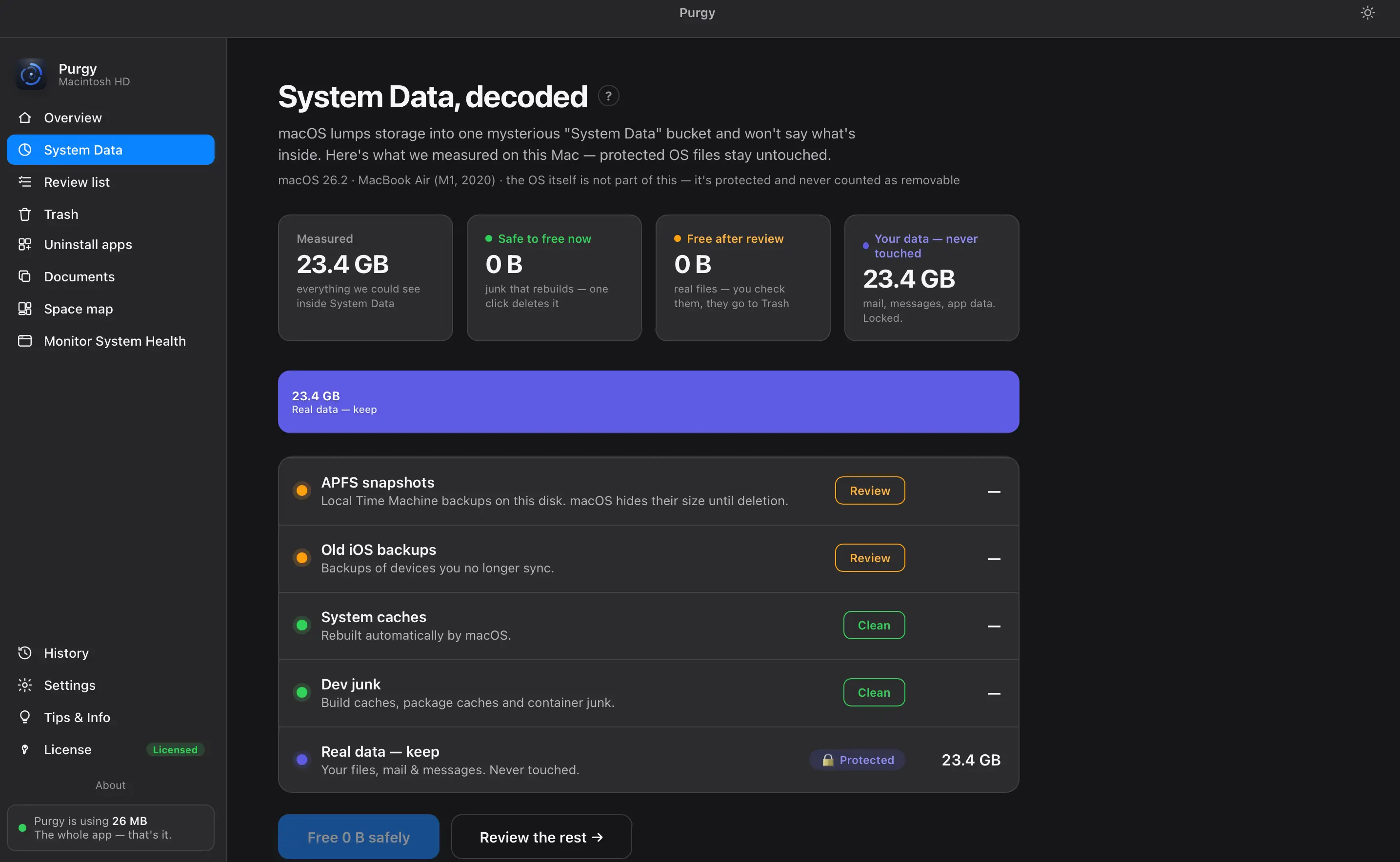 System Data decoded into measured, safe to free, review, and locked categories