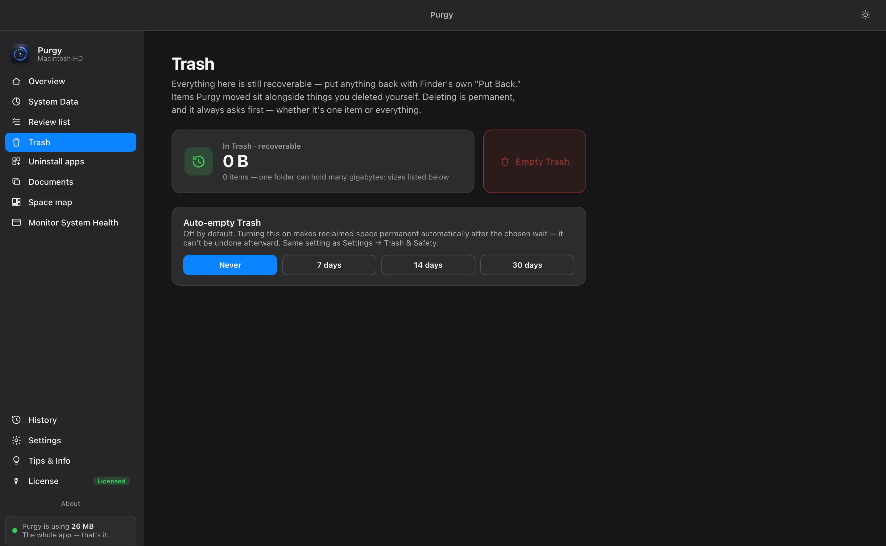 Trash screen with recoverable items and auto-empty turned off by default