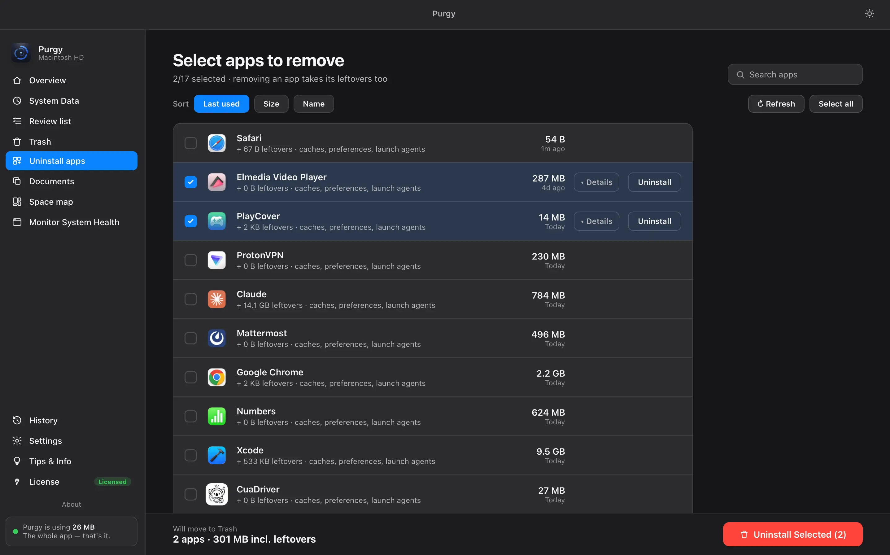 Uninstall screen listing apps together with the size of their leftover files
